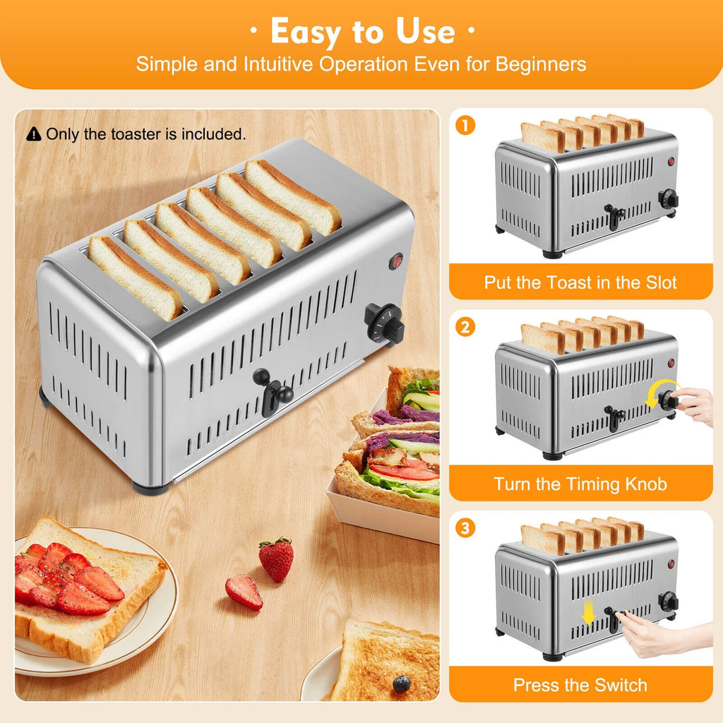 6-Slice Stainless Steel Toaster, 1680W High-Power with Adjustable Timing, Wide Slots, and Easy-to-Clean Design for Perfect Toast Every Time