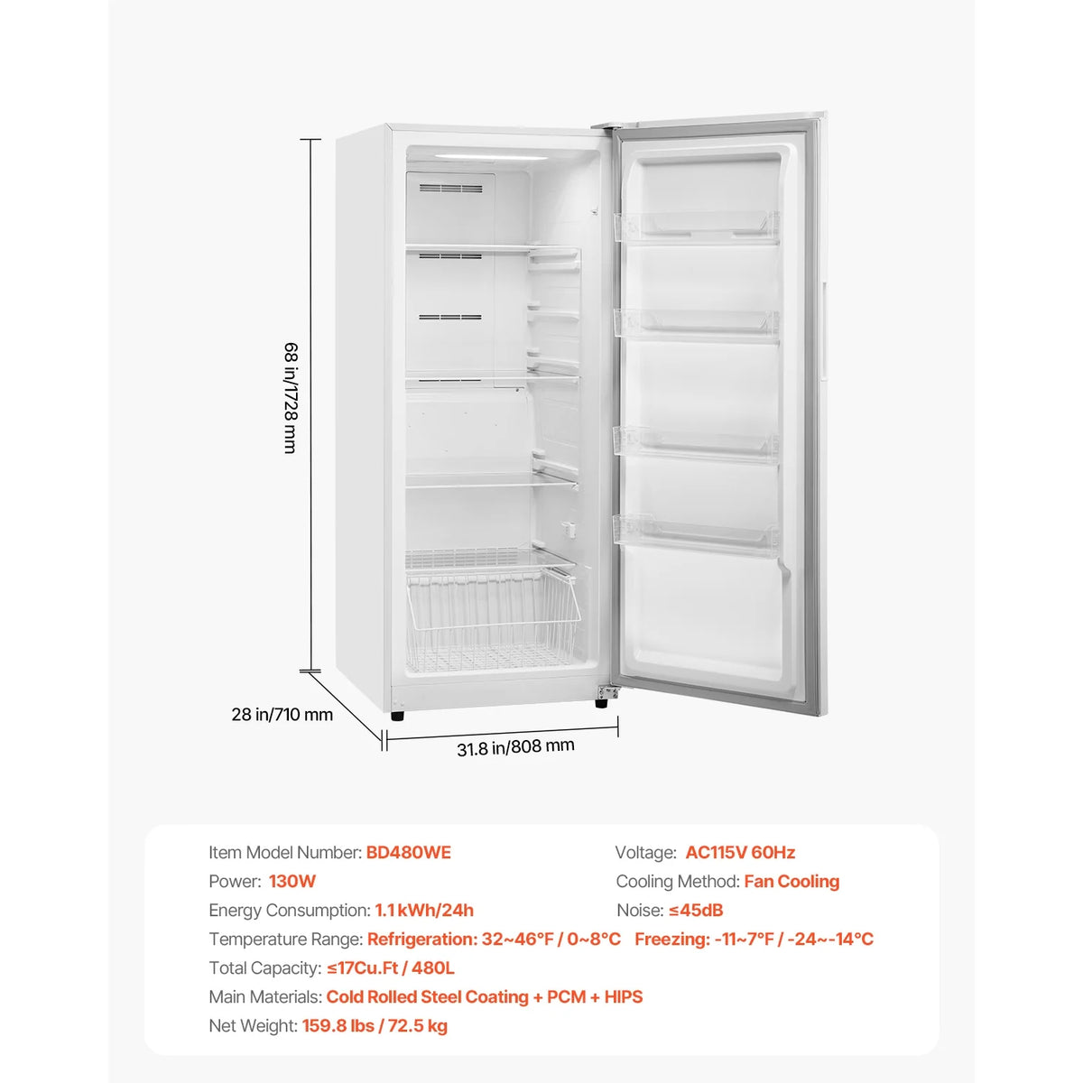 KFFKFF 17 Cu.Ft Upright Convertible Fridge/Freezer Upright Fridge Freezer Low Sound with Electronic Temperature Control Door Open too Long Alarm Adjustable Shelves and LED