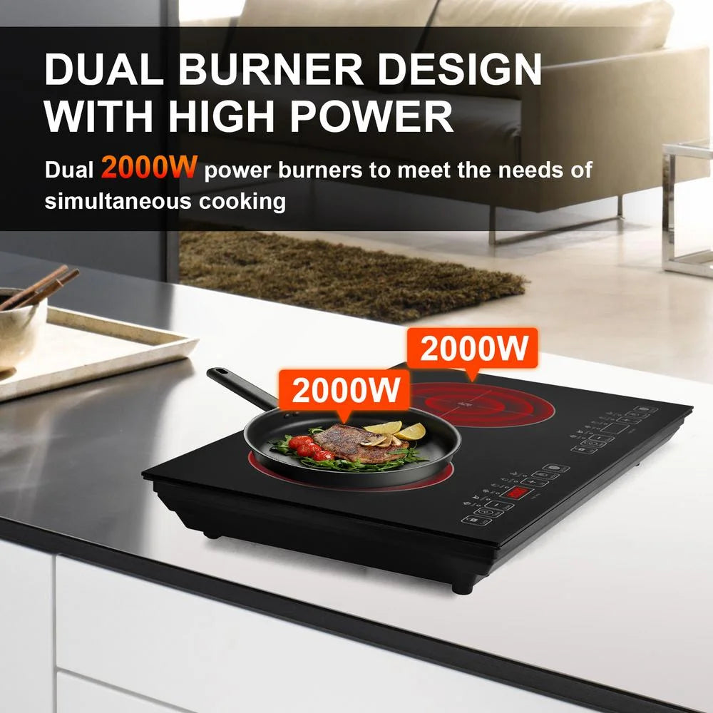 WAASOSCON 2 Burner Electric Cooktop, 2000W+2000W Double Induction Hob, 110V Portable Table Top Stove with Touch Control for Stone Pots