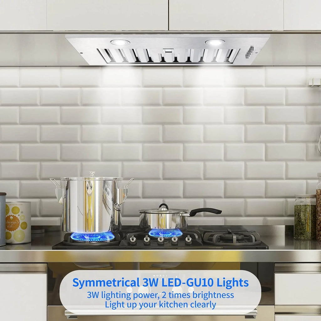 20 inch Range Hood Built-in 800CFM Stainless Kitchen Vent Exhaust 3-Speed with Led Bulb Filters 120V
