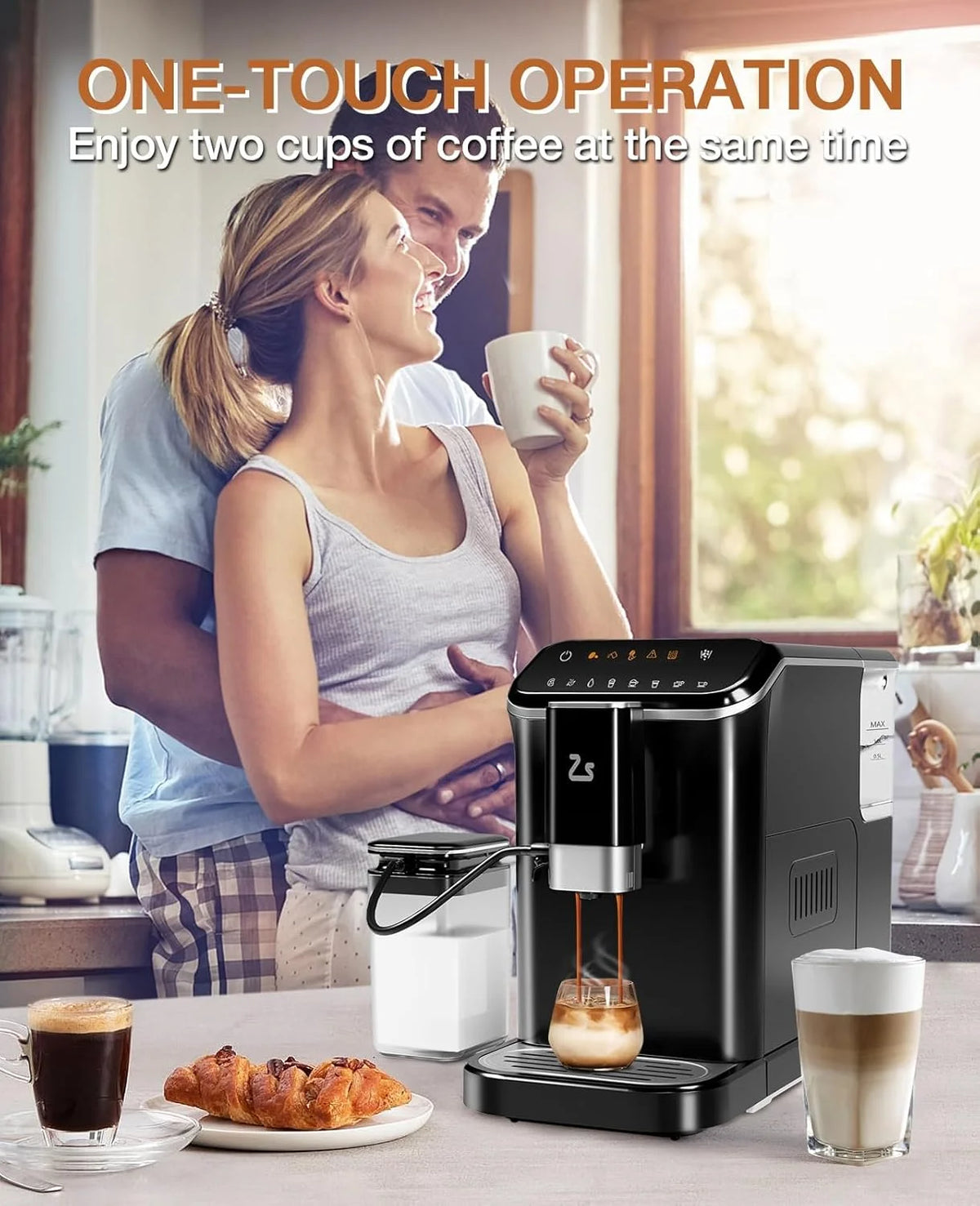 WALYWIK Fully Automatic Espresso Machine with Built-In Adjustable Grinder, Milk Frother, 20-Bar Pump, 1.5L Water Tank, Touch Panel Control for Espresso, Latte & Cappuccino �?Black