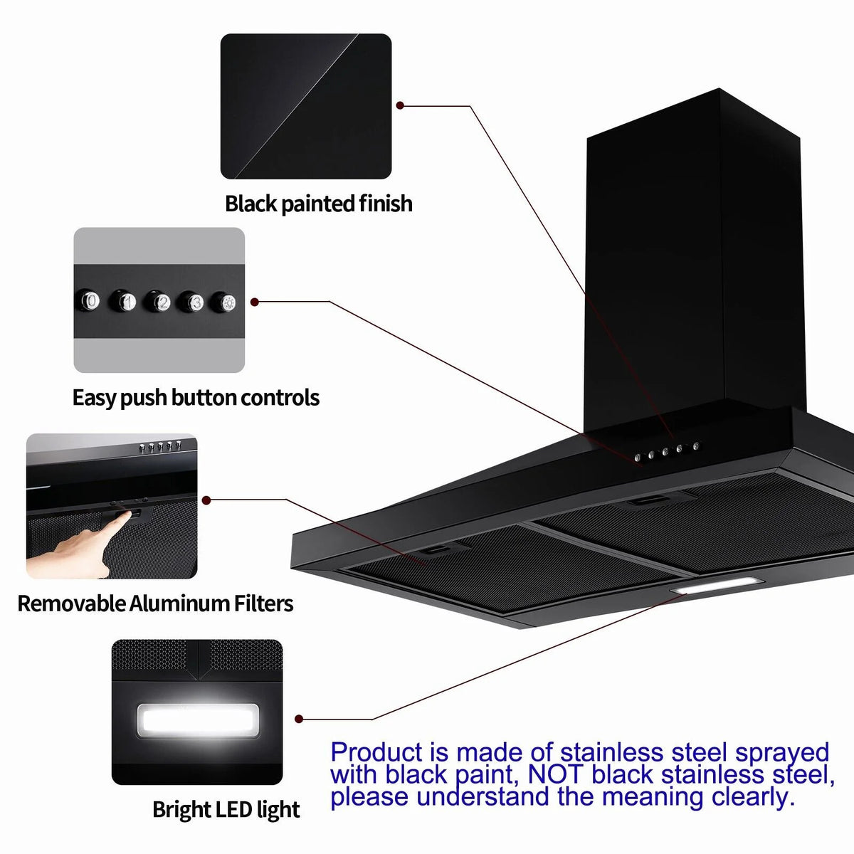 24 inch Wall Mounted Range Hood Kitchen Exhaust Stove Vent Hood 450 CFM 3-Speed Fan