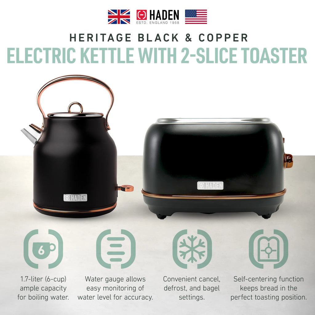 Haden Heritage 1.7 Liter Electric Kettle with 2 Slice Bread Toaster, White