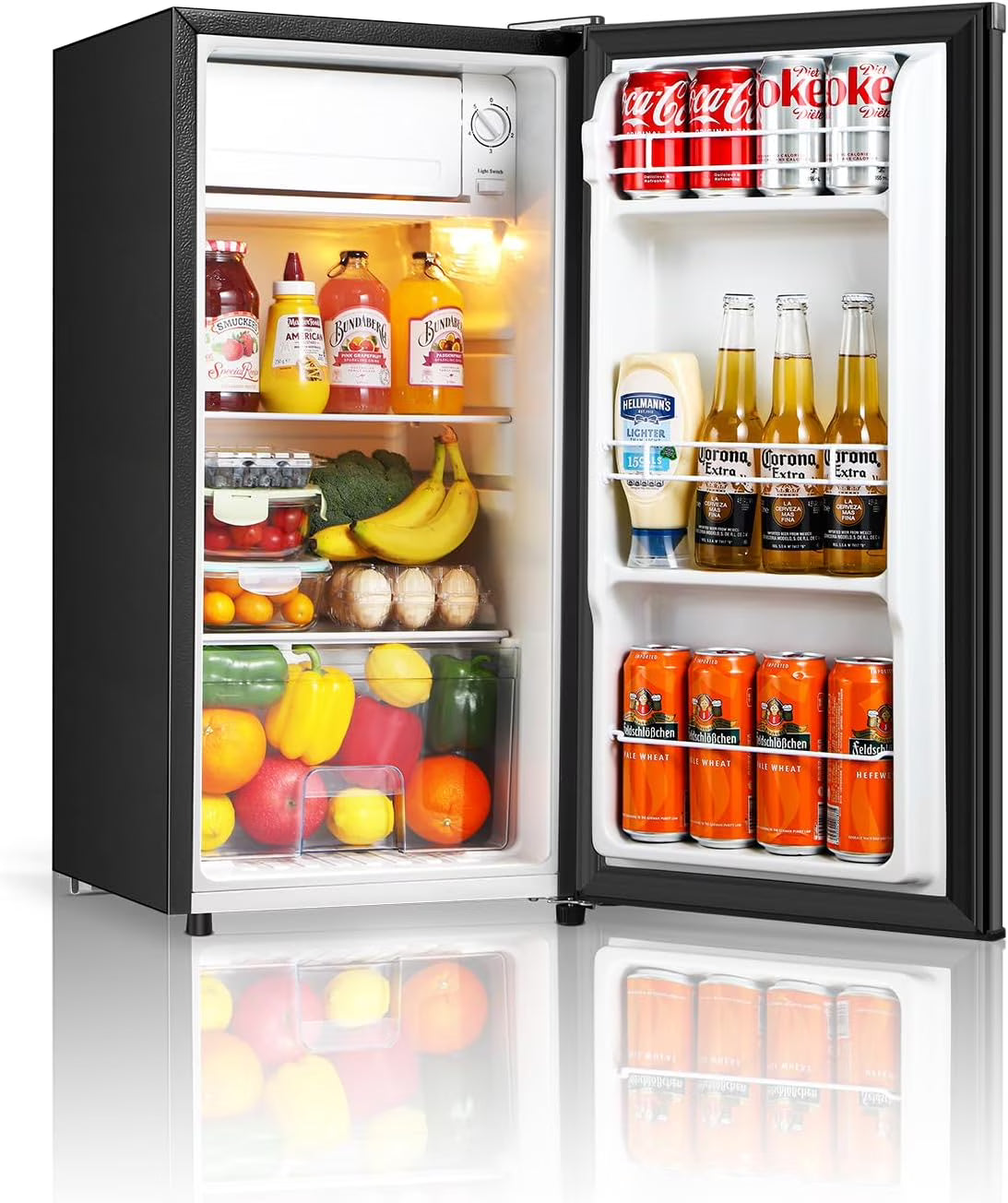 Seaoola Mini Fridge with Freezer, Single Door 4.4 Cu.Ft, Compact Mini Refrigerator, LED Light, Adjustable Thermostat, Removable Glass Shelves, Small Refrigerator for Dorm/Office/Bedroom(Black)