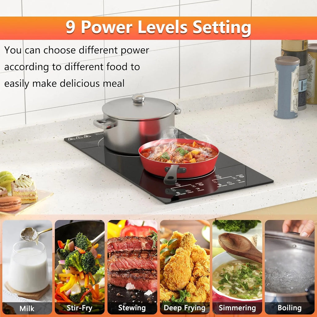 2 Burner Electric Cooktop, 12 Inch Electric Stove Top, Built-in Electric Cooktop with Sensor Touch Control, Timer & Child Lock Included,Keep Warm,9 Power Levels, 3000W, 220V-240V Hard Wired (No Plug)