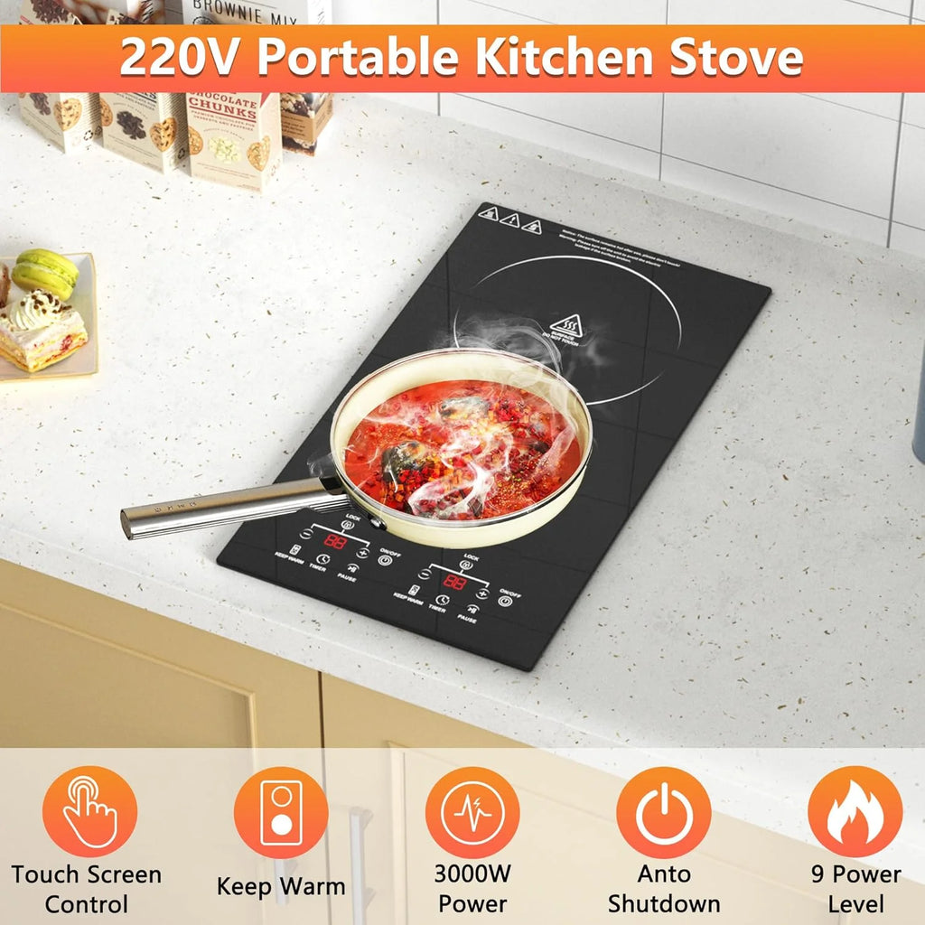 2 Burner Electric Cooktop, 12 Inch Electric Stove Top, Built-in Electric Cooktop with Sensor Touch Control, Timer & Child Lock Included,Keep Warm,9 Power Levels, 3000W, 220V-240V Hard Wired (No Plug)