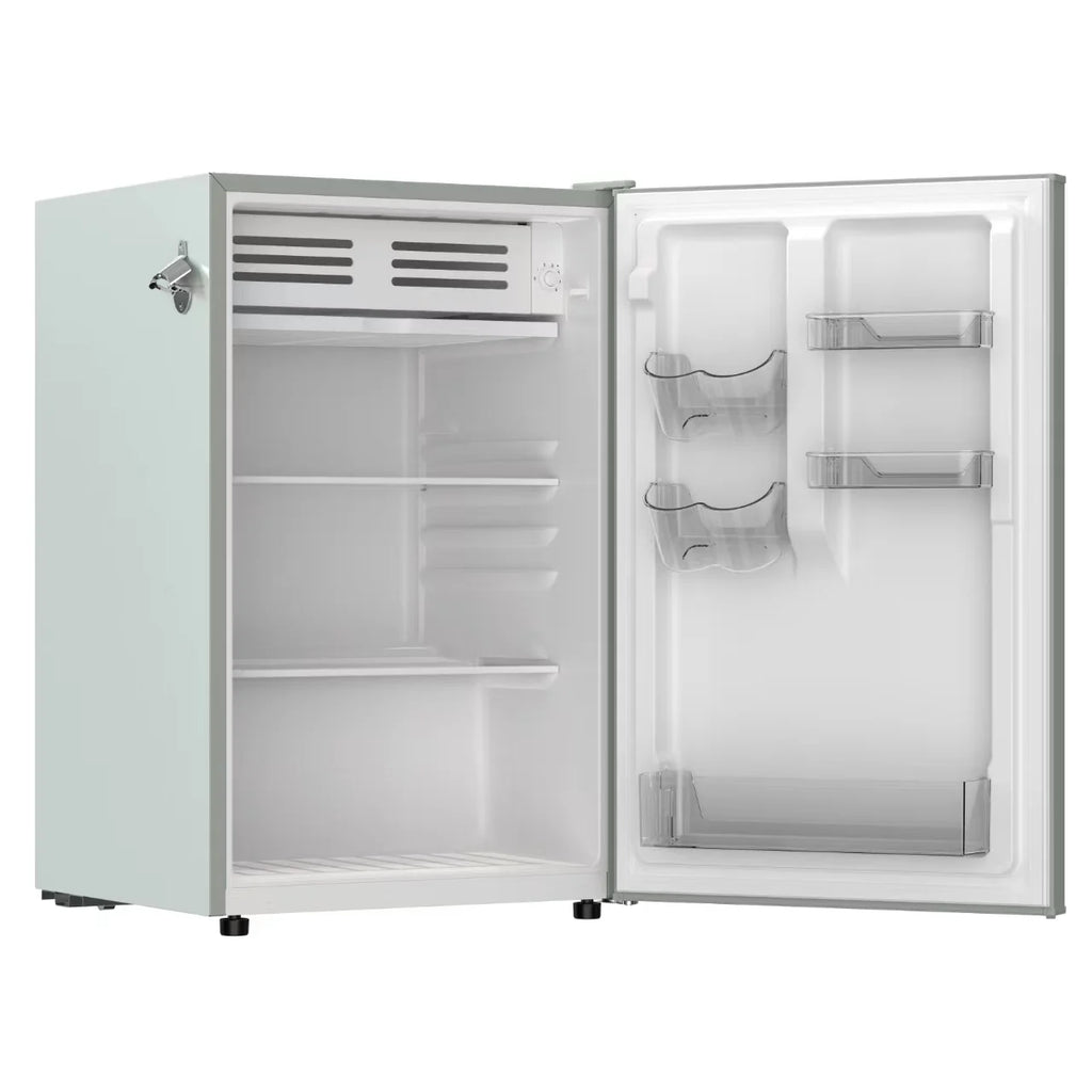 Frigidaire 4.5 cu. ft. retro compact fridge built-in side bottle opener W: 21.65" x L: 22.24" X H: 32.91" (Azure)