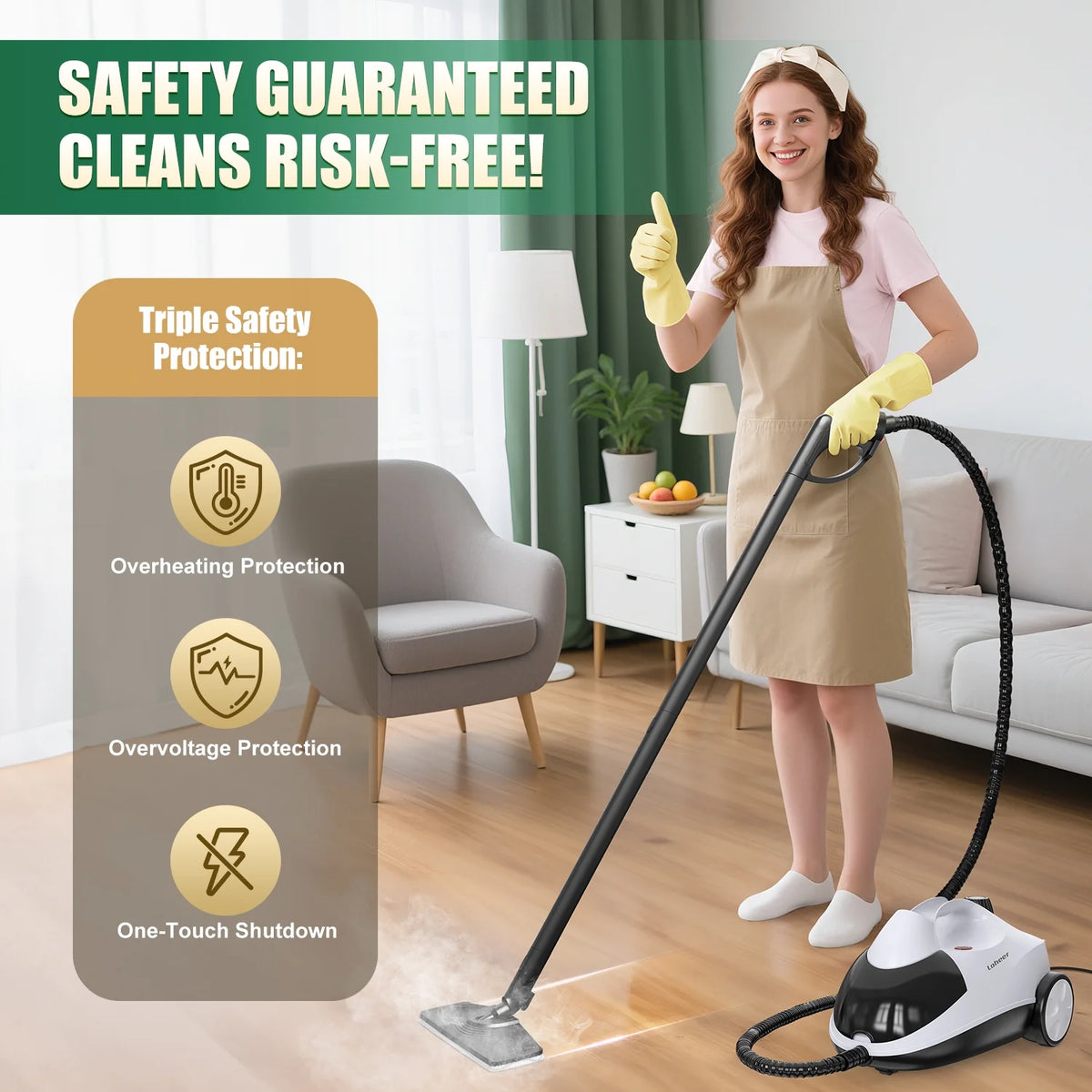Loheer Steam Cleaner, 1500W Multipurpose Steamer for Cleaning with 15 Accessories,  2L Tank, Child Lock, Chemical-Free Cleaning, Steam Mop for Home, Car, and Furniture