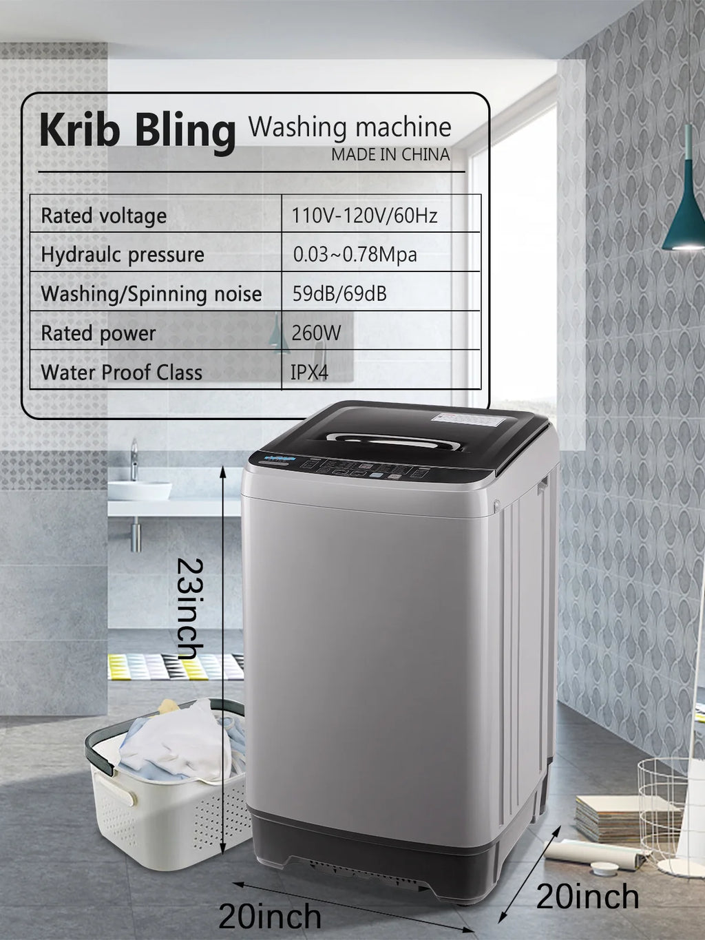 Krib Bling Full Automatic Washing Machine with LED Display, 17.7 lbs Portable Washer with Drain Pump, 10 Washing Programs & 8 Water Levels, Ideal for Camping, Apartment, Dorm, Grey