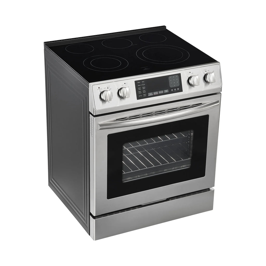 KFFKFF 30-Inch Electric Range Oven, 4.8 Cu. Ft. Freestanding Stainless Steel Stove, Features 5 Burners, Timer, Self-Cleaning, Air Fry Function, Adjustable Racks, and Storage Drawer, Silver