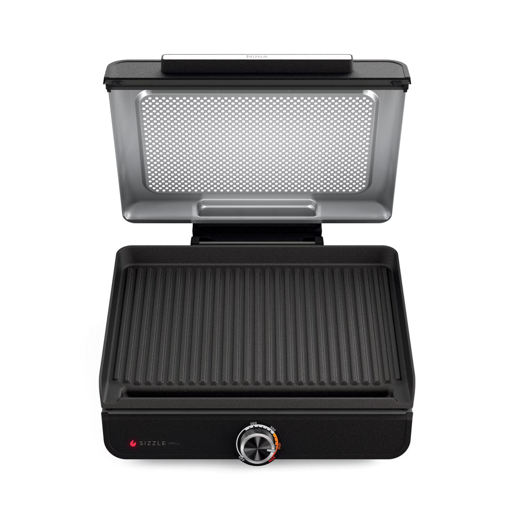 Ninja Sizzle Indoor Grill, 14'' Nonstick Grill Plate, Dishwasher-Safe Removable Mesh Lid, Even Edge-to-Edge Cooking, Black/Silver, GR100