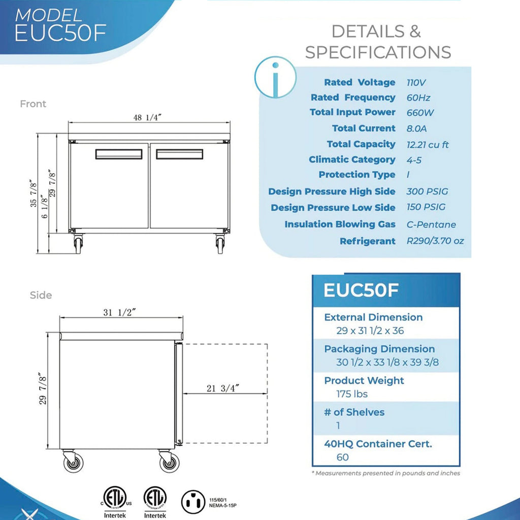 NSF 48 in. 2-Door Undercounter Freezer 13 Cu. Ft. Worktop Commercial Freezer in Stainless Steel ETL