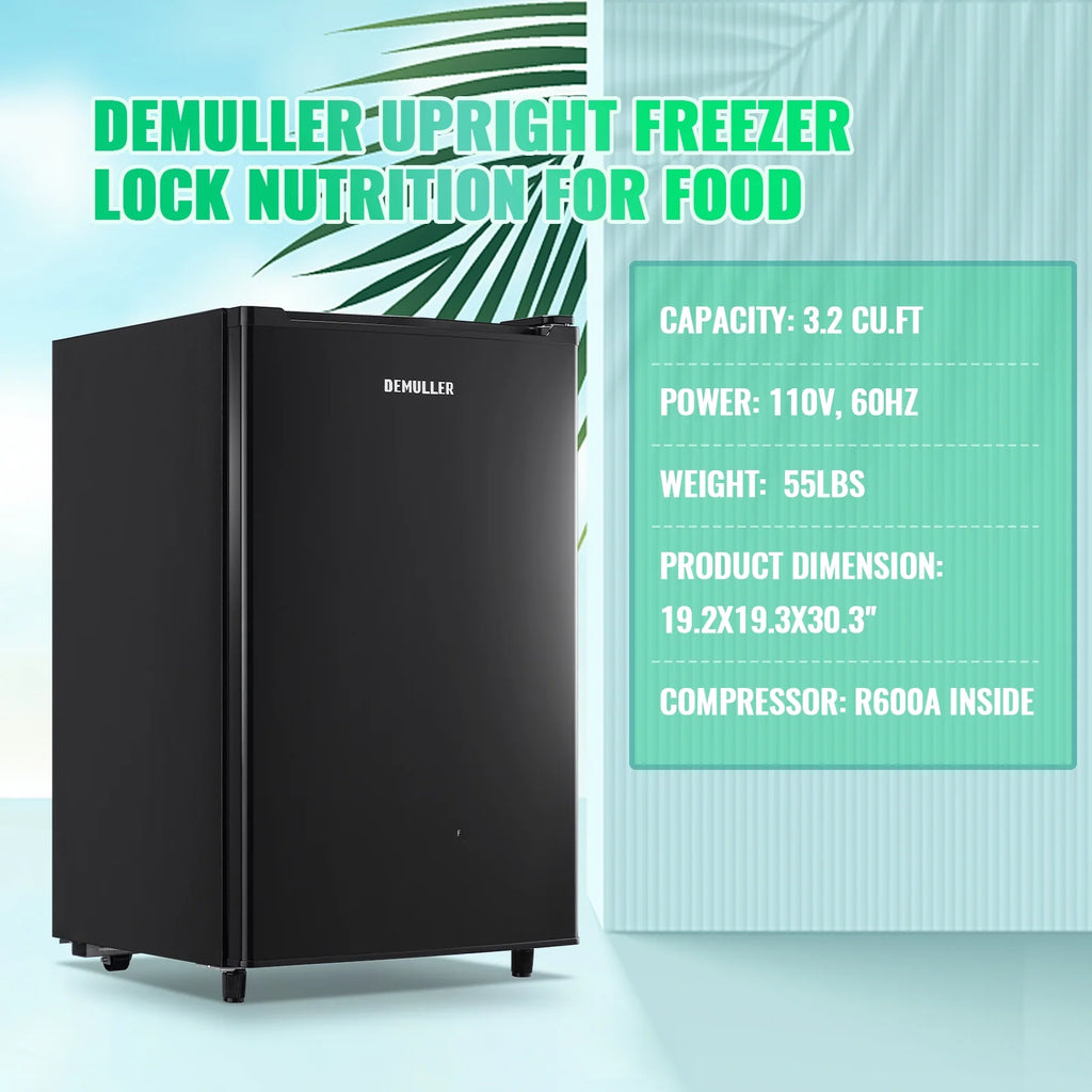 Demuller Upright Freezer 3.2 Cu.ft Freezer 7-speed Temperature Control Fix Shelves Black New