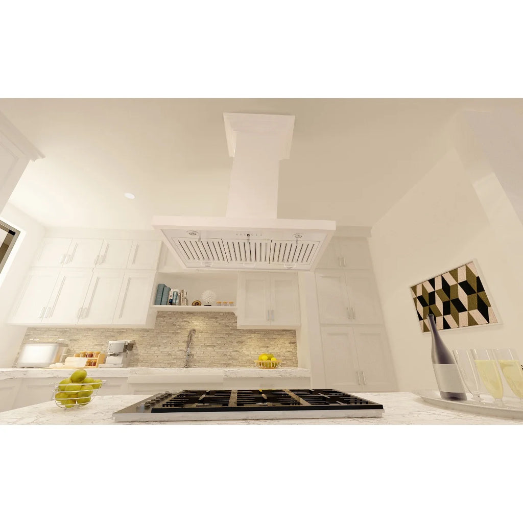 ZLINE 30 in. Wooden Island Mount Range Hood in White - Includes 760 CFM Motor