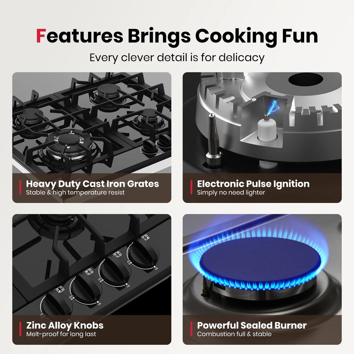 GASLAND GH60EF 24" Built-in Gas Stove Top, Black Ename Gas Cooktop with Griddle, 4 Sealed Burners, ETL