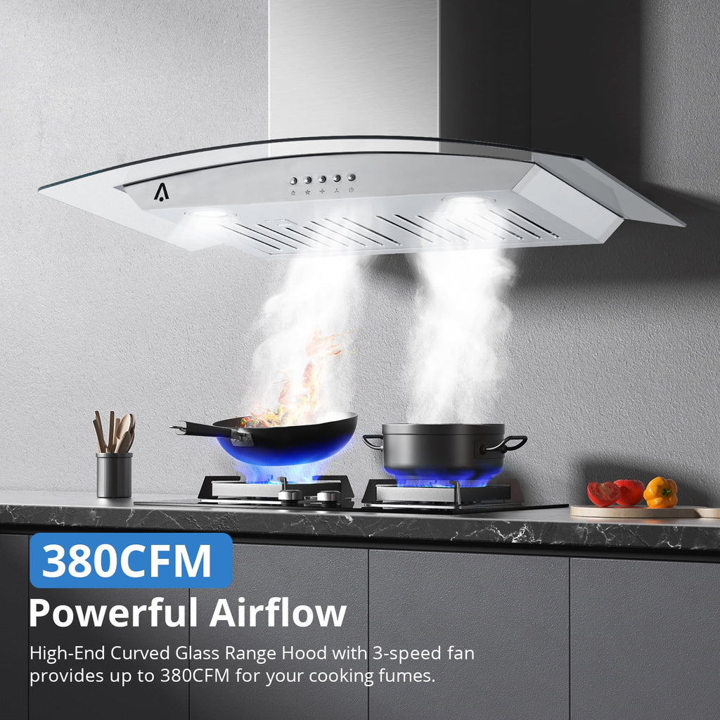 STRELECT 30 Inch Curved Glass Range Hood, 400 CFM Ductless/Ducted Convertible Stove Vent Hood with Chimney, 3 Speed Fan, LED Light, Button Control Vent Hood for Stove Kitchen