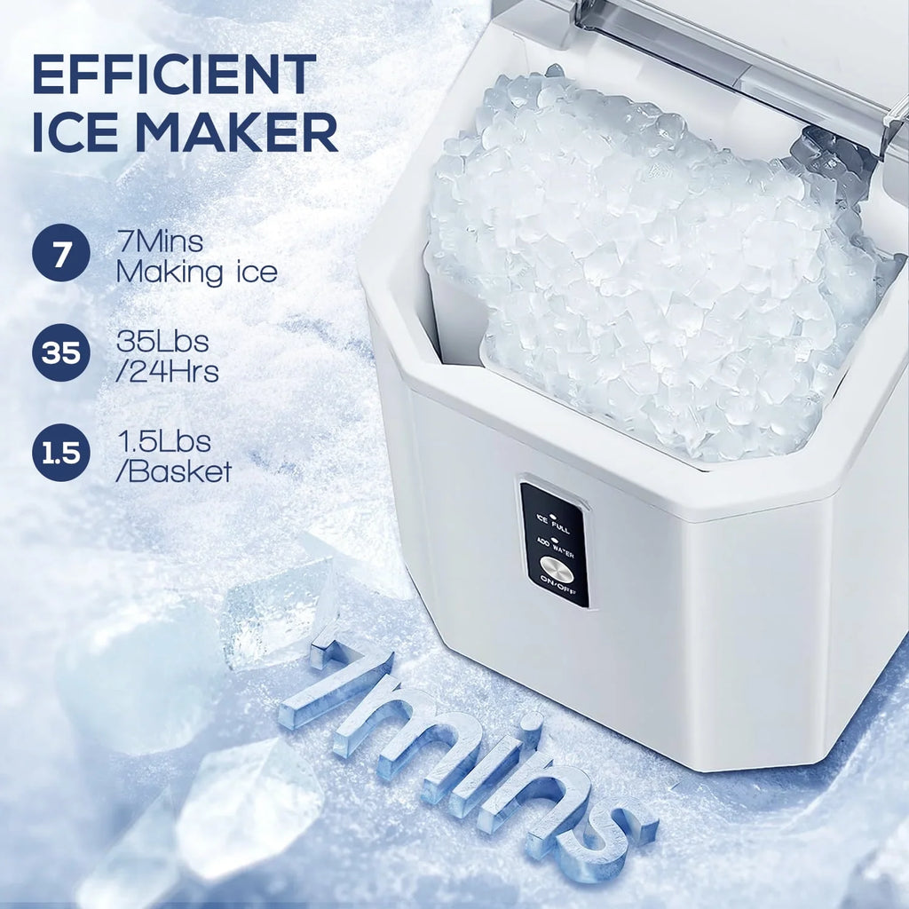 LHRIVER Countertop Nugget Ice Maker, 35Lbs/24H, Soft Chewable Ice, Ice Scoop, Self-Cleaning, White