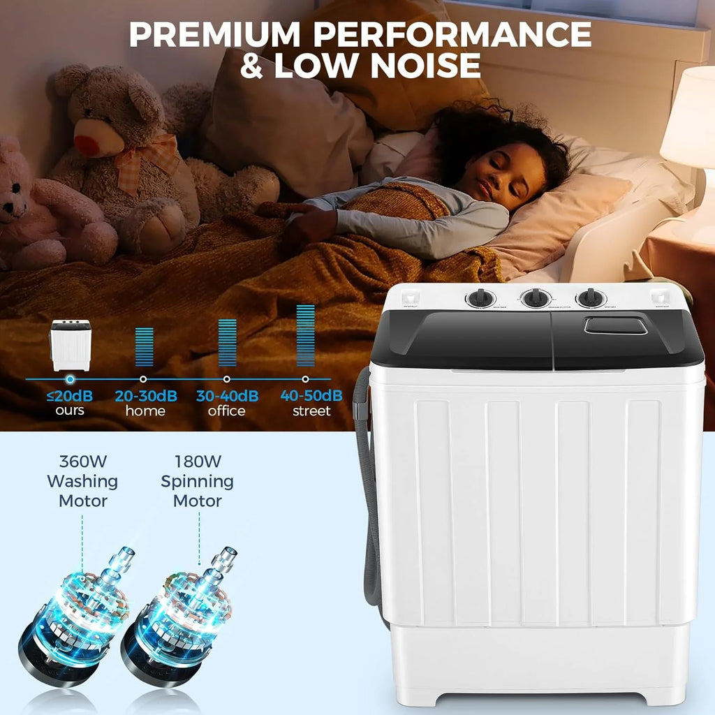 Qhomic Portable Washer 30lbs, 2-in-1 Twin Tub Washer & Dryer Combo Compact Semi-Automatic Washing Machine with Drain Pump, Black