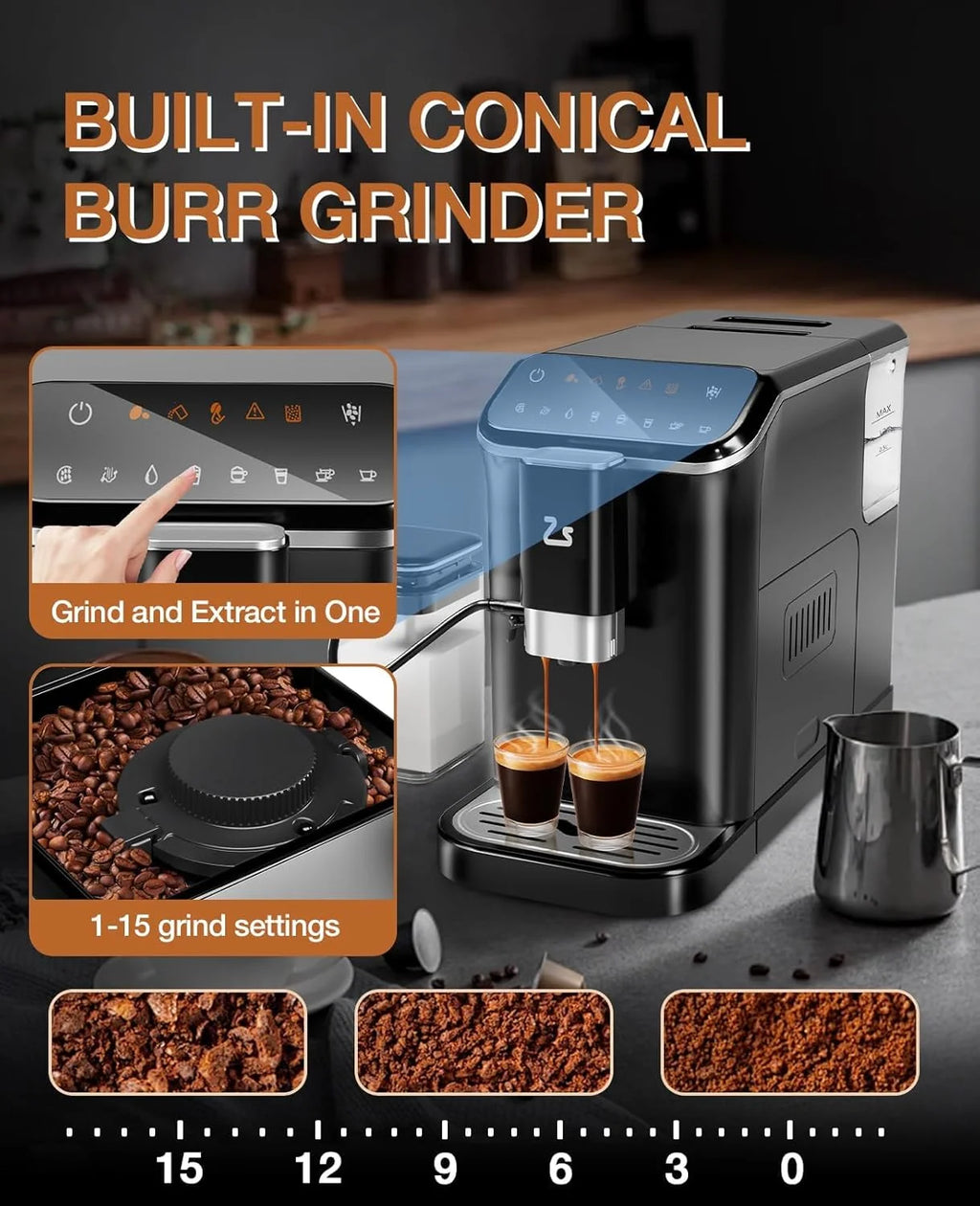 WALYWIK Fully Automatic Espresso Machine with Built-In Adjustable Grinder, Milk Frother, 20-Bar Pump, 1.5L Water Tank, Touch Panel Control for Espresso, Latte & Cappuccino �?Black