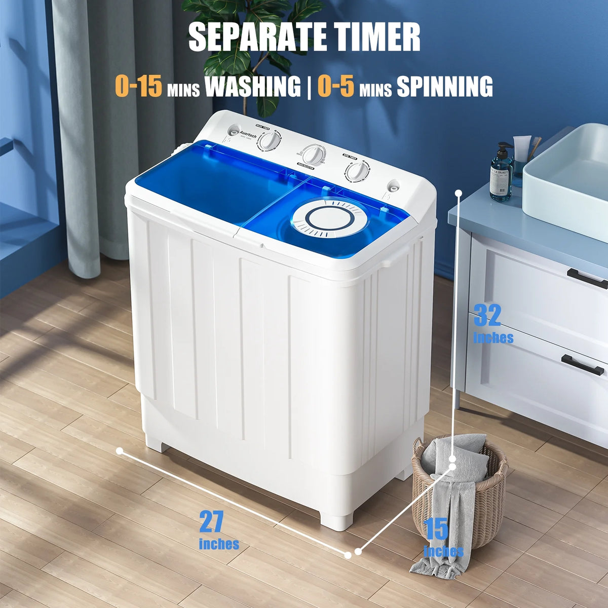 Auertech Portable Washer 28lbs Twin Tub Compact with Drain Pump, Semi-Automatic Washer Spinner Combo