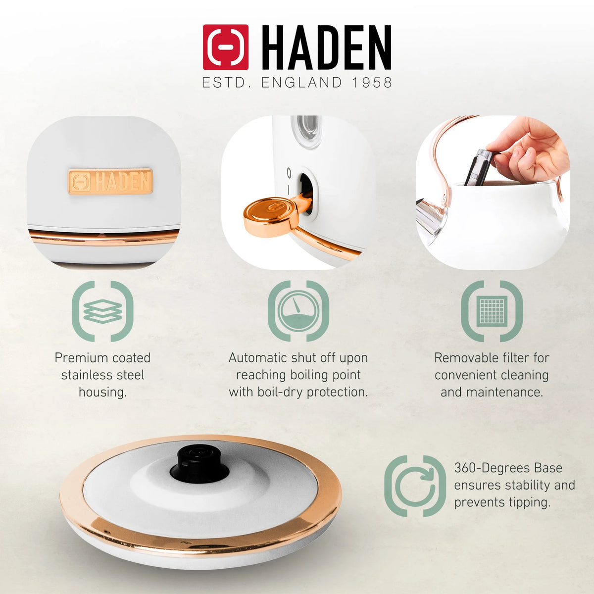 Haden Heritage 1.7 Liter Electric Kettle with 2 Slice Bread Toaster, White