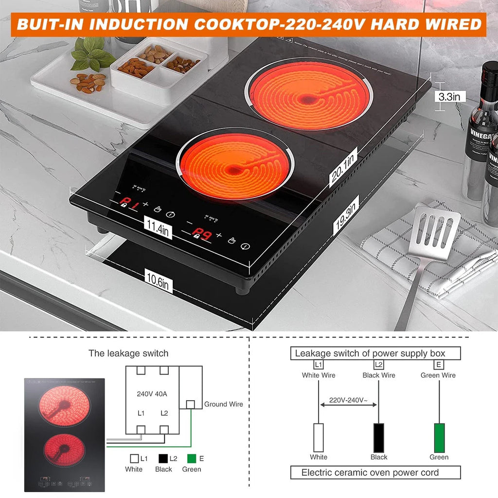 iMeshbean 12inch Electric Ceramic Cooktop 220V 3000W Electric Induction Cooktop 2 Burners Stove Top Built-In/Integrated Touch Control