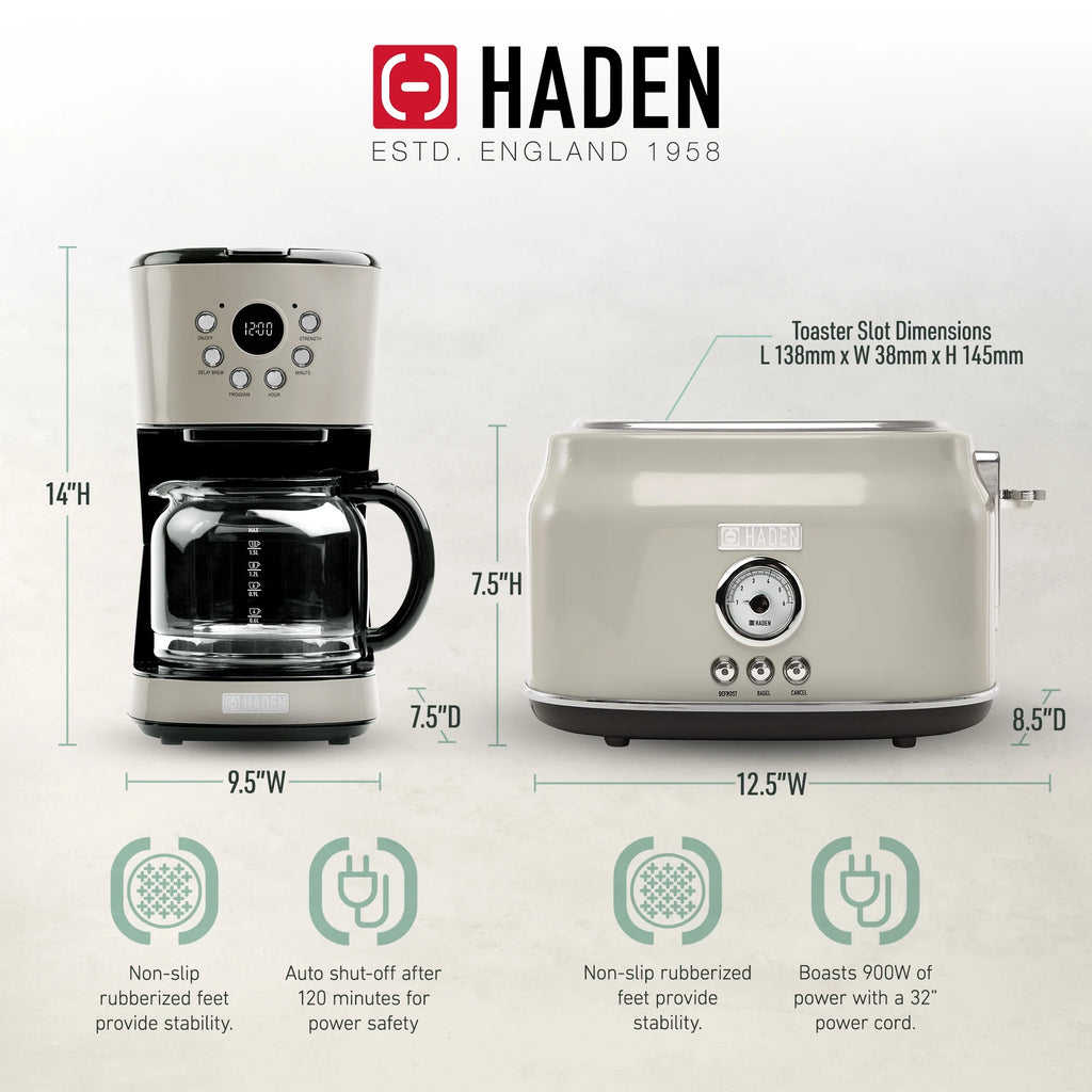 Haden 12 Cup Coffee Maker with 2 Slice Stainless Steel Bread Toaster, White
