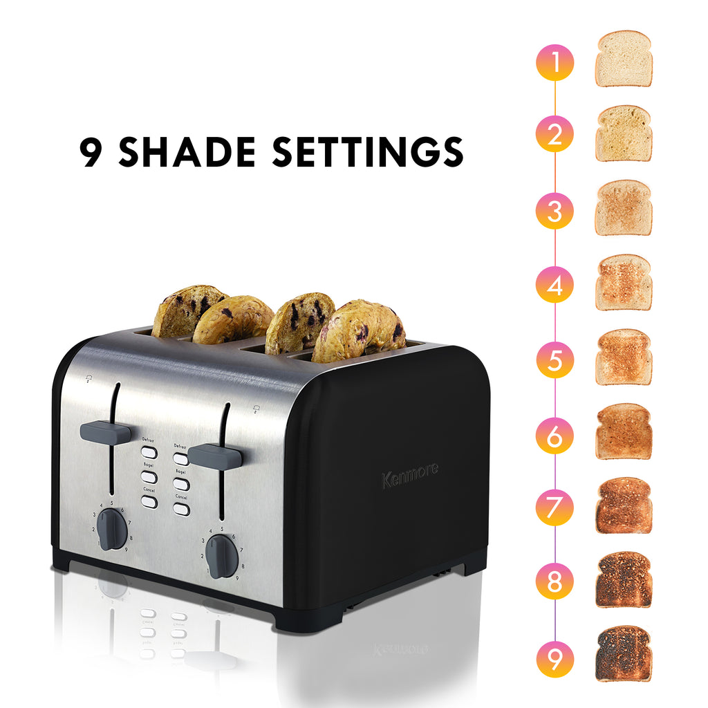 Kenmore 4-Slice Black Stainless Steel Toaster, Dual Controls, Wide Slot