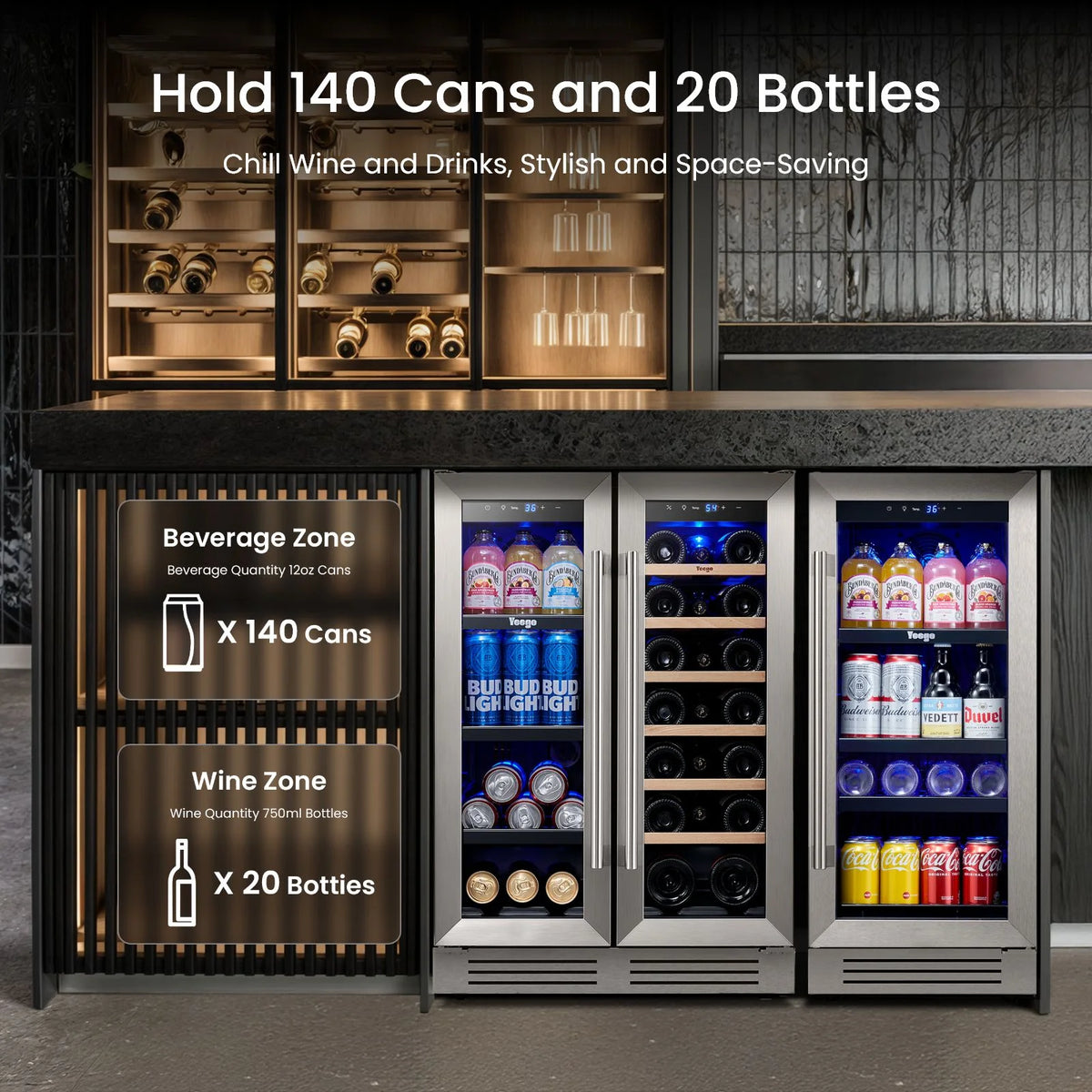 Yeego 30" Wine and Beverage Refrigerator,Two 15" Wine and Beverage Cooler Under Counter or Freestanding, Hold 33 Bottles and 80 Cans(Two Pack)