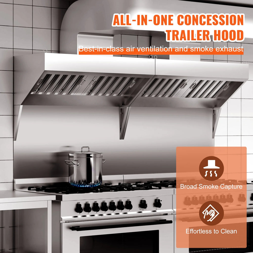 KFFKFF 8FT Range Hood, Stainless Steel Commercial Exhaust Hood, with Rust-Proof Construction and 4 Removable U-shaped Oil Filtration Meshes, Designed for Food Trucks and Concession Trailers
