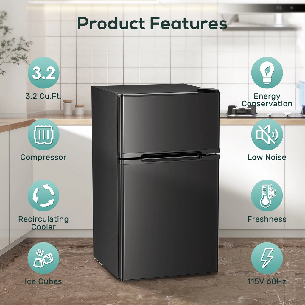 Moifoi 3.2 Cu.Ft Two-Door Compact Refrigerator, Stainless Steel Door, Black