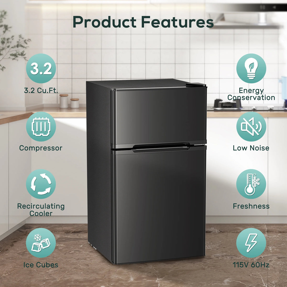 Moifoi 3.2 Cu.Ft Two-Door Compact Refrigerator, Stainless Steel Door, Black