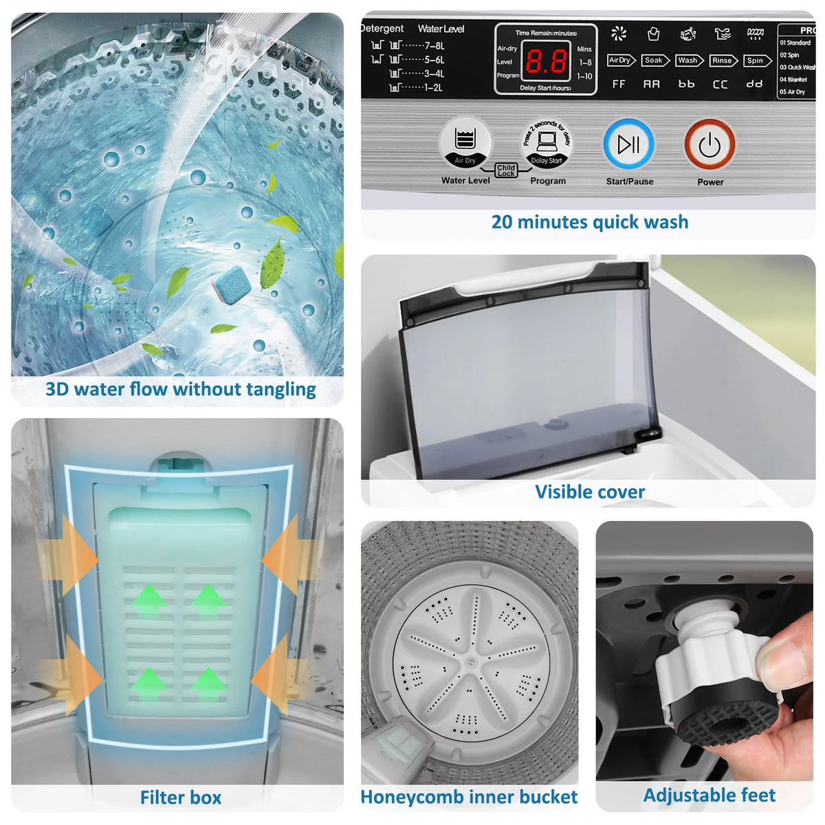 Qhomic Portable Washing Machine, 18.7lbs Full Automatic Compact 10 Programs & 8 Water Levels Washer Machine with Child Lock and LED Display, Low Noise Laundry Wash for Apartments, RVs, Dorms