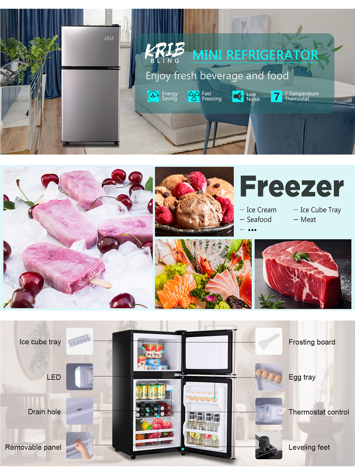KRIB BLING 3.2 Cubic Feet Double Door Mini Fridge with Freezer, Mini Compact Refrigerator 2 Doors for Dorm, Office, Apartment, RV, Bedroom, Black