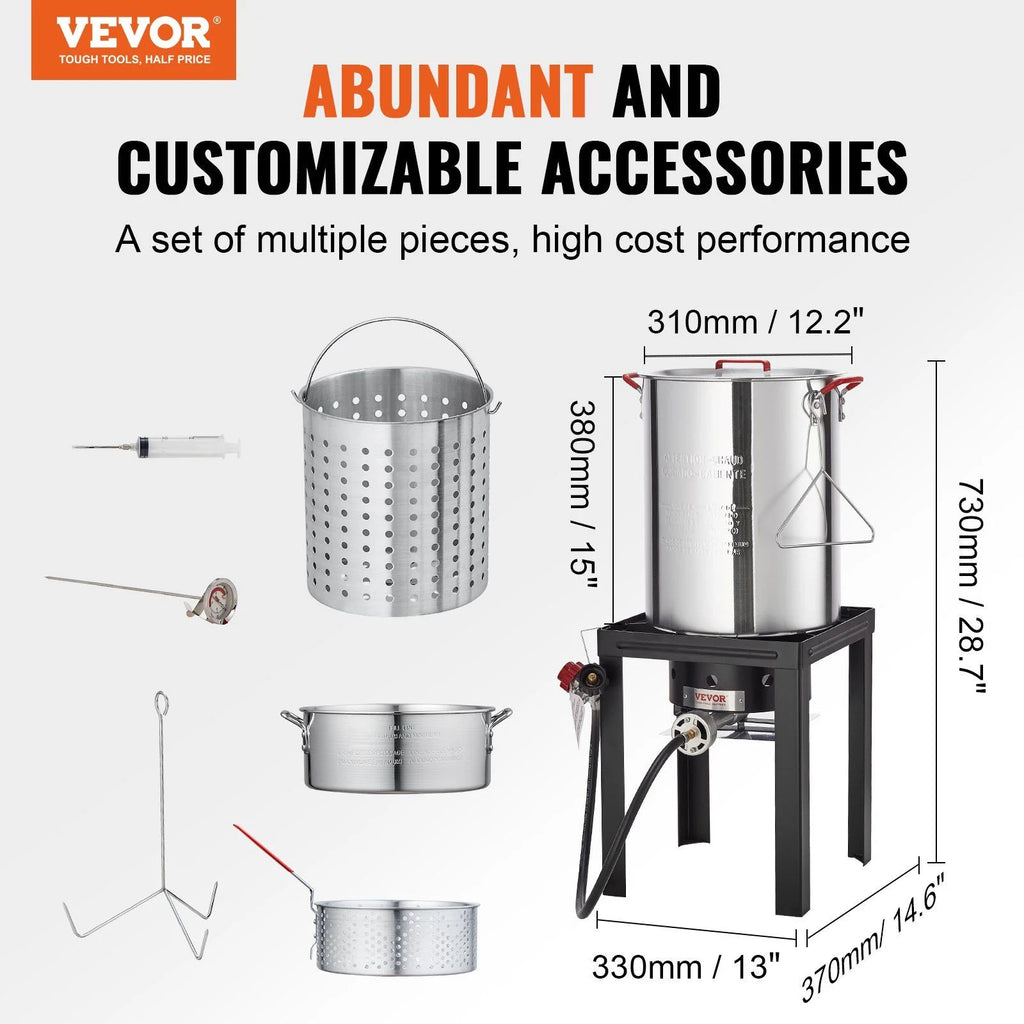5-Piece Outdoor Turkey and Seafood Cooking Set: High-Power Fryer/Steamer with 54K BTU Burner, Baskets, Rack, and Thermometer