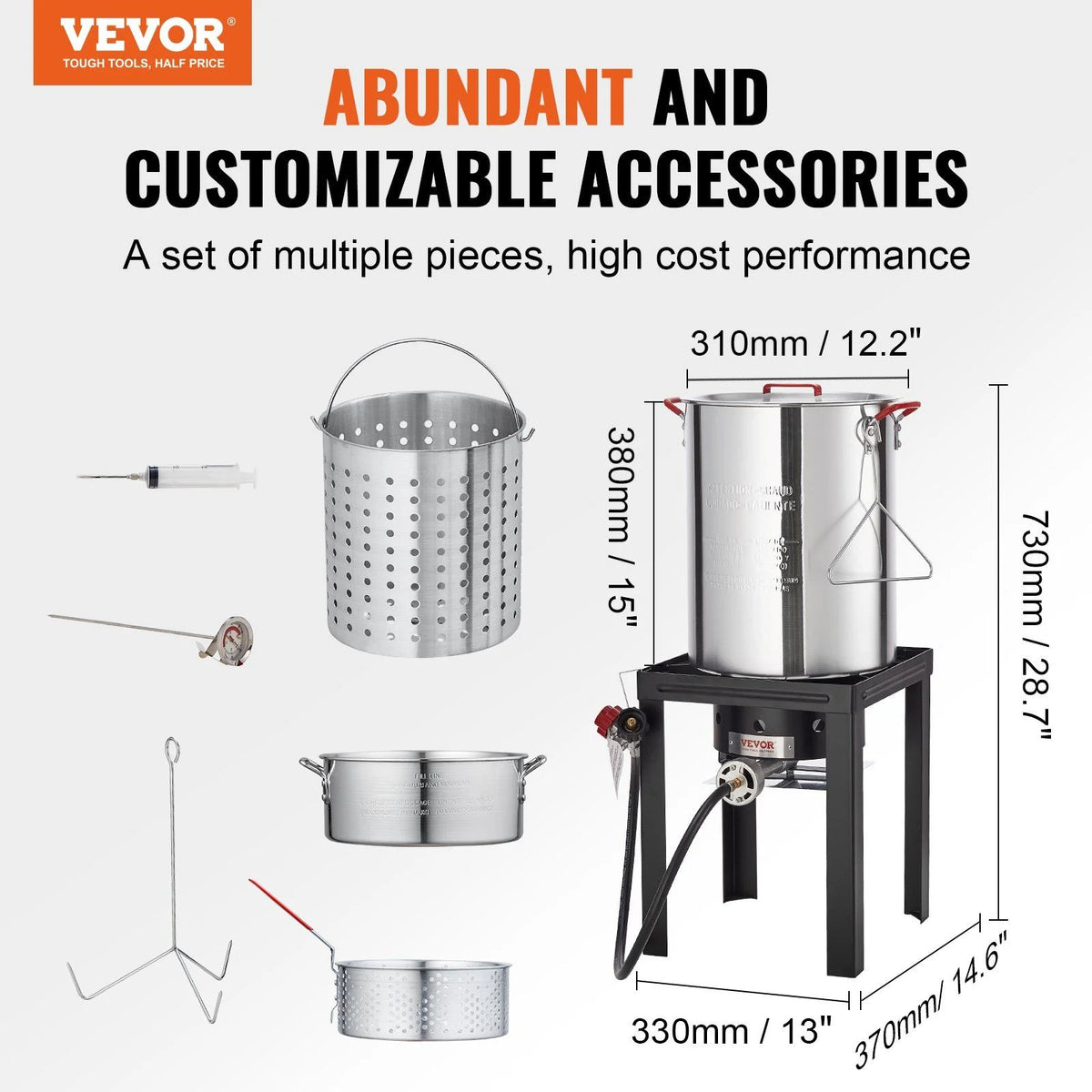 5-Piece Outdoor Turkey and Seafood Cooking Set: High-Power Fryer/Steamer with 54K BTU Burner, Baskets, Rack, and Thermometer