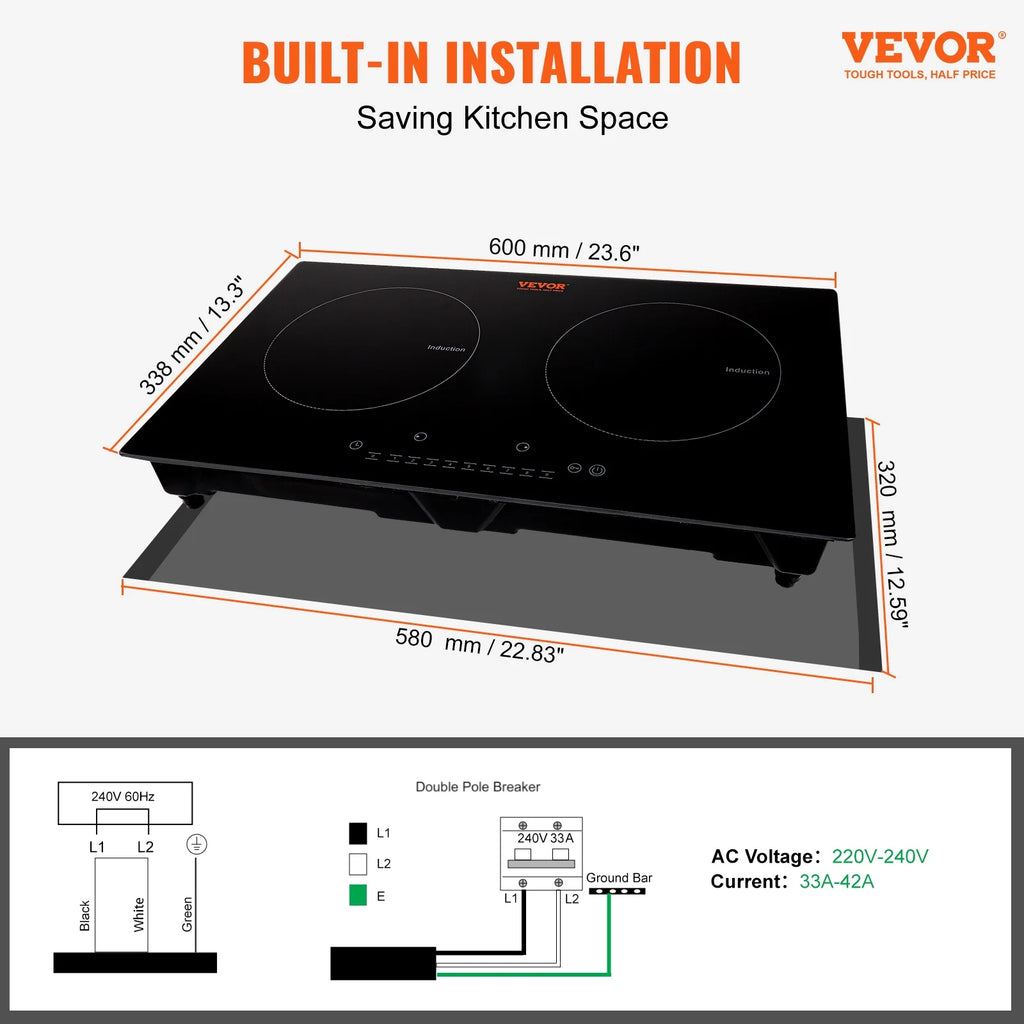 BENTISM 24 inch Electric Cooktop 2 Burners Ceramic Glass Stove Top Touch Control