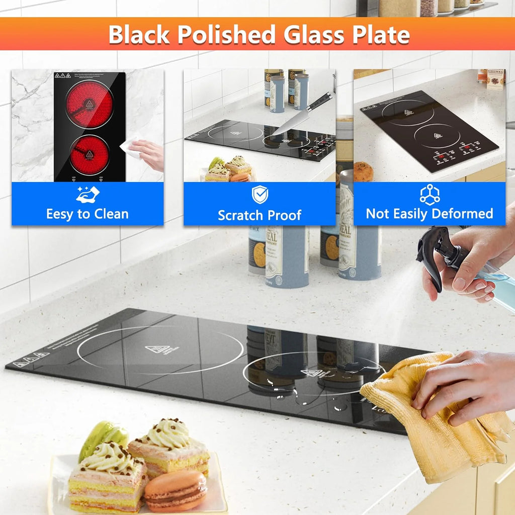 2 Burner Electric Cooktop, 12 Inch Electric Stove Top, Built-in Electric Cooktop with Sensor Touch Control, Timer & Child Lock Included,Keep Warm,9 Power Levels, 3000W, 220V-240V Hard Wired (No Plug)