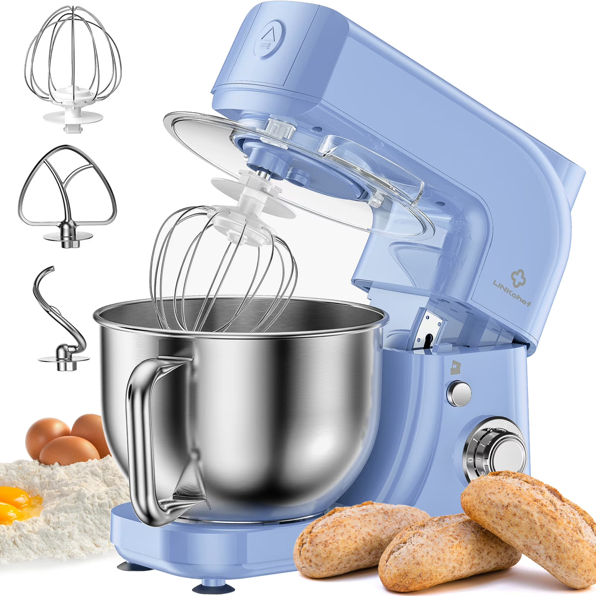 LINKChef Stand Mixer, 5.3QT 800W 6+P Speeds with Whisk, Dough Hook and Beater (White)