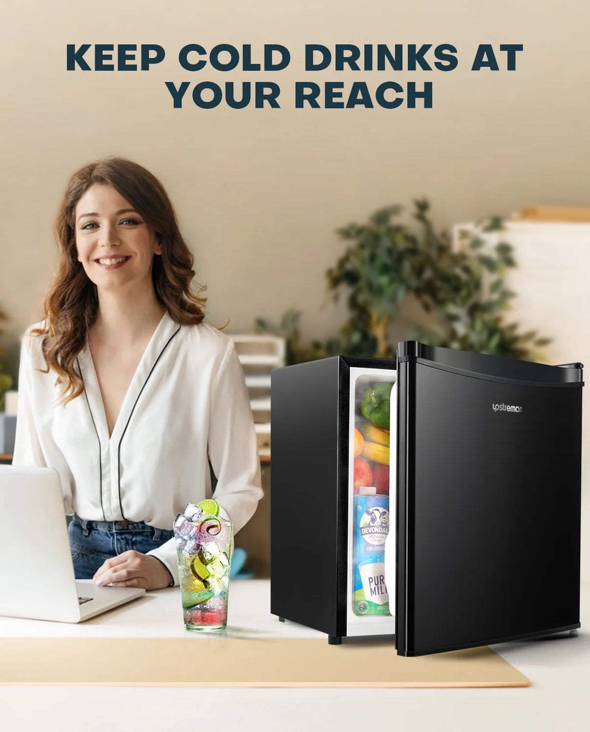Upstreman 1.7 Cu ft Mini Fridge with Freezer Single Door Compact Refrigerator, Low Noise, Energy Saving, Adjustable Temperature, Reversible Door, for Home Office Dorm, Black FR17
