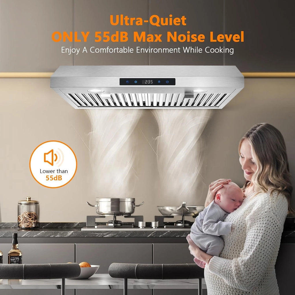 Under Cabinet Range Hood 30 inch Stainless Steel Kitchen Hood 600 CFM Stove Filter Touch Control LED Lights