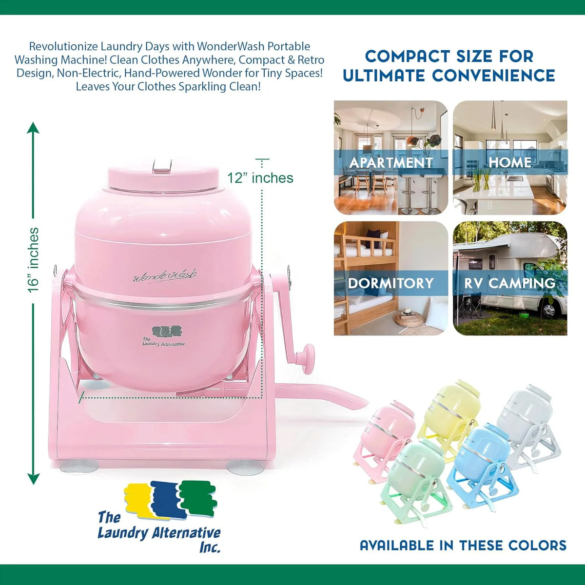 WonderWash Portable Washing Machine for Apartment & Tiny Spaces - Manual Hand Clothes Washer with Retro Design - Clean Laundry Anywhere with Our Countertop, Non-Electric, Small Washer - Pink