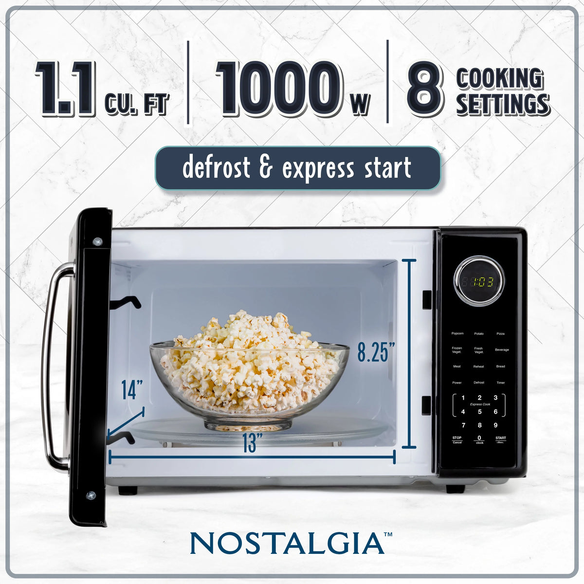 Nostalgia Retro Microwave Oven - 1.1 Cu Ft & 1000-Watt Countertop Size with Glass Turntable, Child Safety Lock, 8 Auto-Cook Programs & Digital Clock - Black