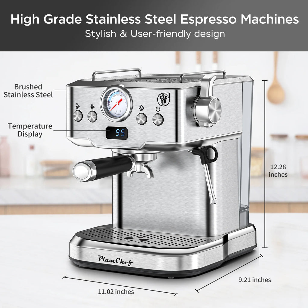 Plum Chef Espresso Machine 20 Bar Coffee Makers, Cappuccino Machine with E.S.E Pod & Pressure Gauge for Home, 1.8L Water Tank, Stainless steel, Silver