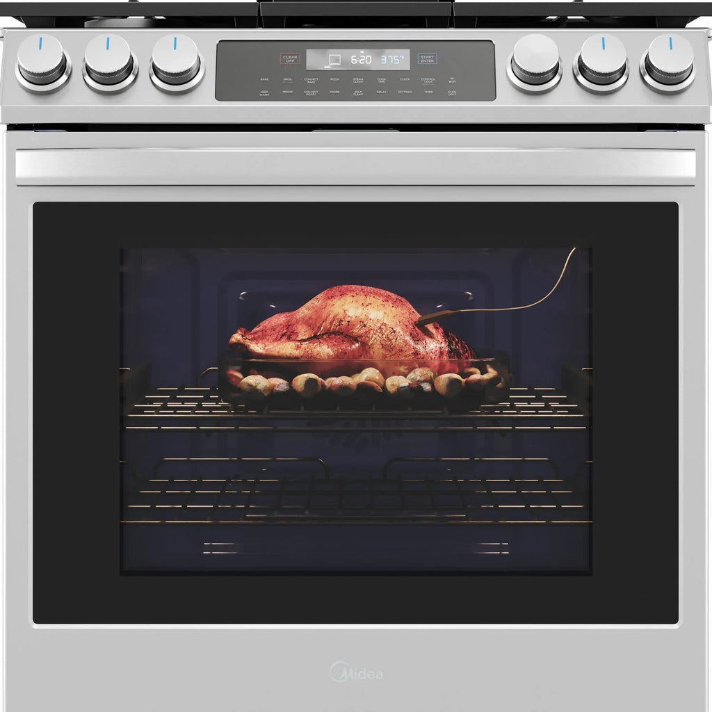 Midea 30-In Slide-In Gas Range with Wi-Fi Connectivity and Fan Convection, Stainless Steel, MGS30S2AST