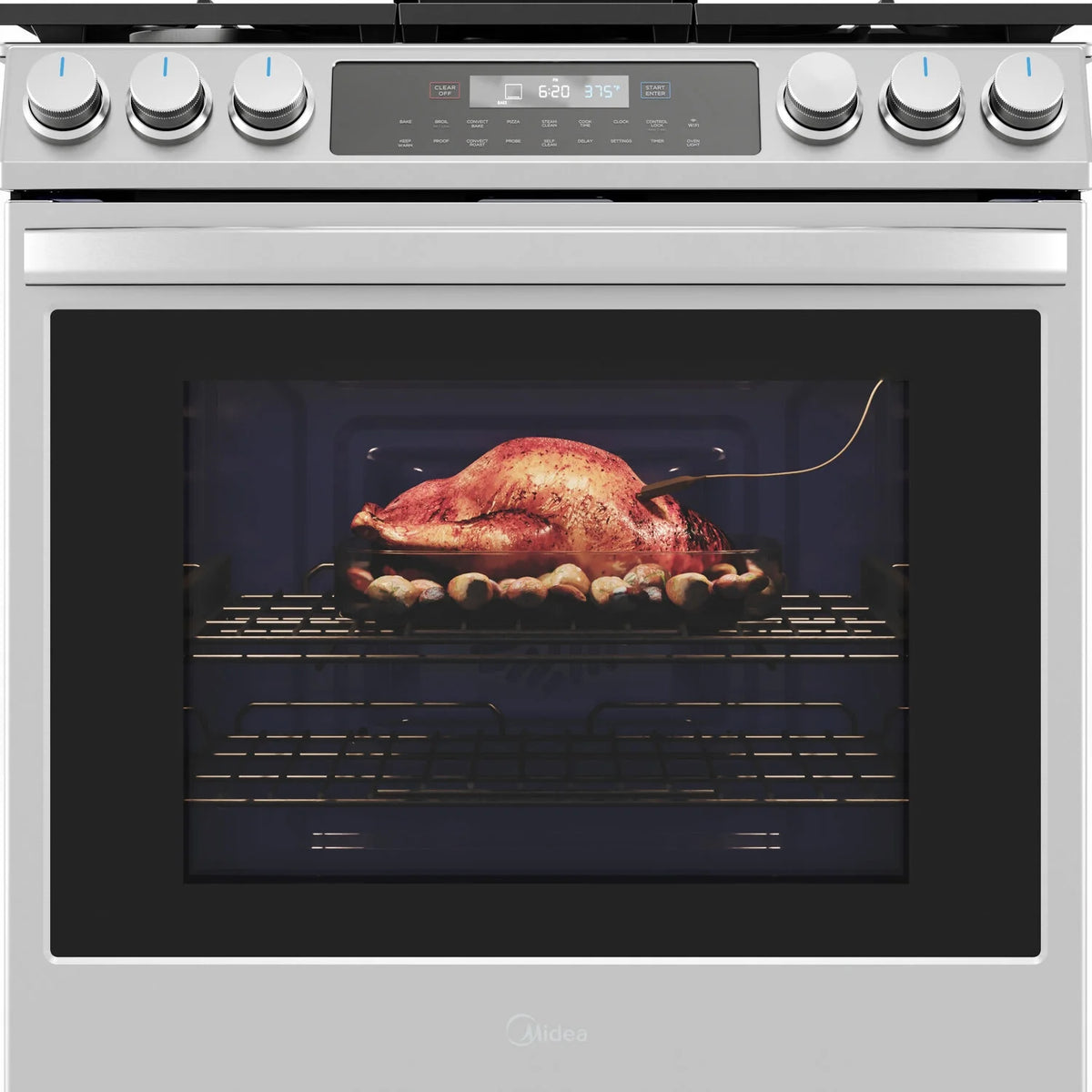 Midea 30-In Slide-In Gas Range with Wi-Fi Connectivity and Fan Convection, Stainless Steel, MGS30S2AST