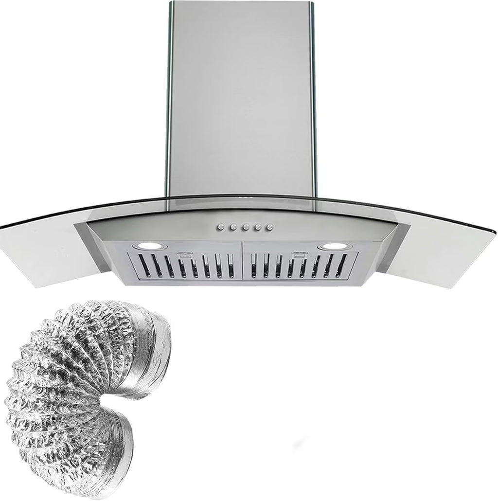 STRELECT 30 Inch Curved Glass Range Hood, 400 CFM Ductless/Ducted Convertible Stove Vent Hood with Chimney, 3 Speed Fan, LED Light, Button Control Vent Hood for Stove Kitchen