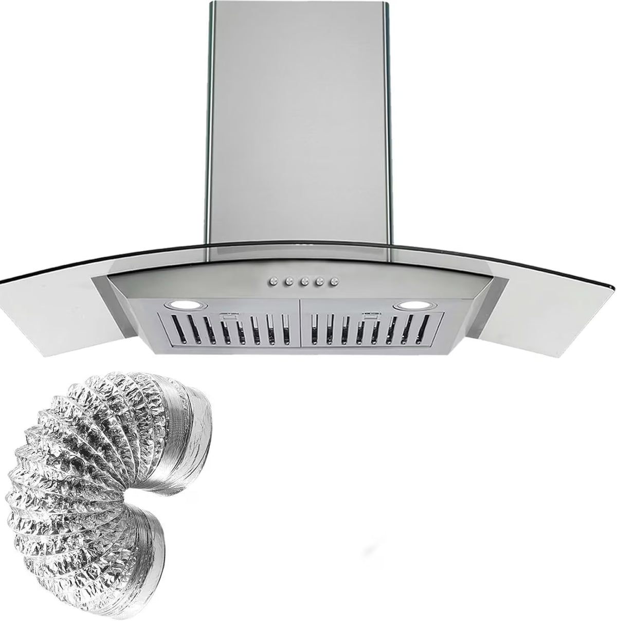 STRELECT 30 Inch Curved Glass Range Hood, 400 CFM Ductless/Ducted Convertible Stove Vent Hood with Chimney, 3 Speed Fan, LED Light, Button Control Vent Hood for Stove Kitchen