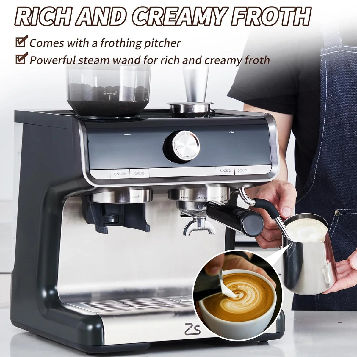 COZONY Espresso Machine 15 Bar, 2.5 L Water Tank, Semi Automatic Coffee Maker with Grinder, Milk Frother/Steam Wand, Italian Pump, All-in-One Espresso Machine, Stainless Steel, Silver