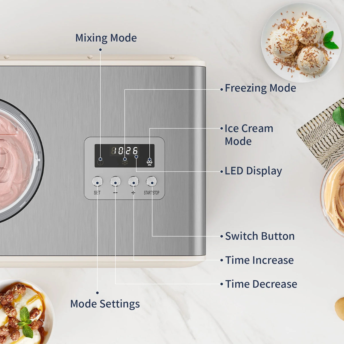 AIRMSEN 2.1 Qt Ice Cream Maker, No Pre-Freezing Electric Ice Cream Machine with Compressor and LCD Timer for Gelato, Frozen Yogurt, Sorbet, White